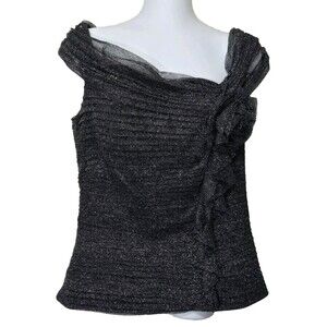Tadashi Shoji Top Womens 12 Black Silver Metallic Mesh Off Shoulder Layer Formal